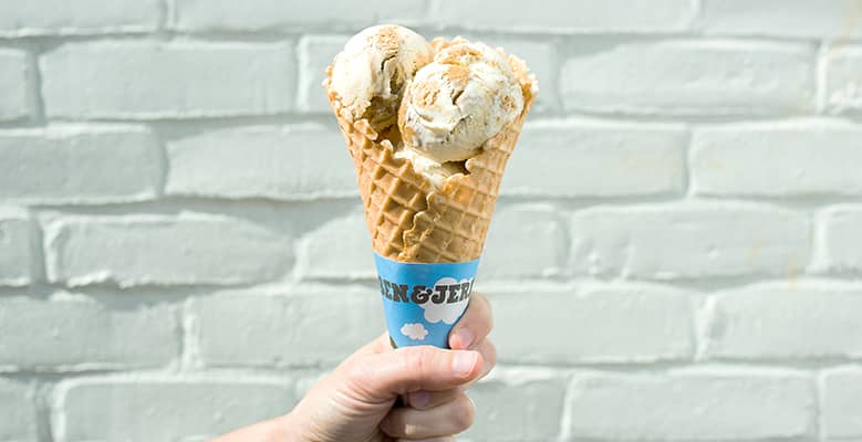Ben & Jerry's Waffle Cone, filled with Chocolate Chip Cookie Dough ice cream.